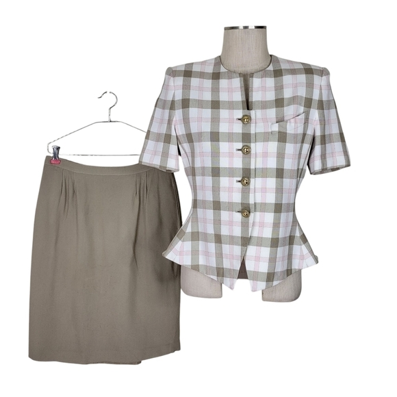 Le Suit Petite Skirt Suit Size 12P Tan Pink White Check Short Sleeve Blazer - Picture 2 of 10